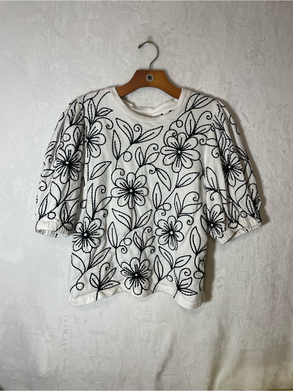 Maeve White Knit Sweater Top with Black Floral Embroidery